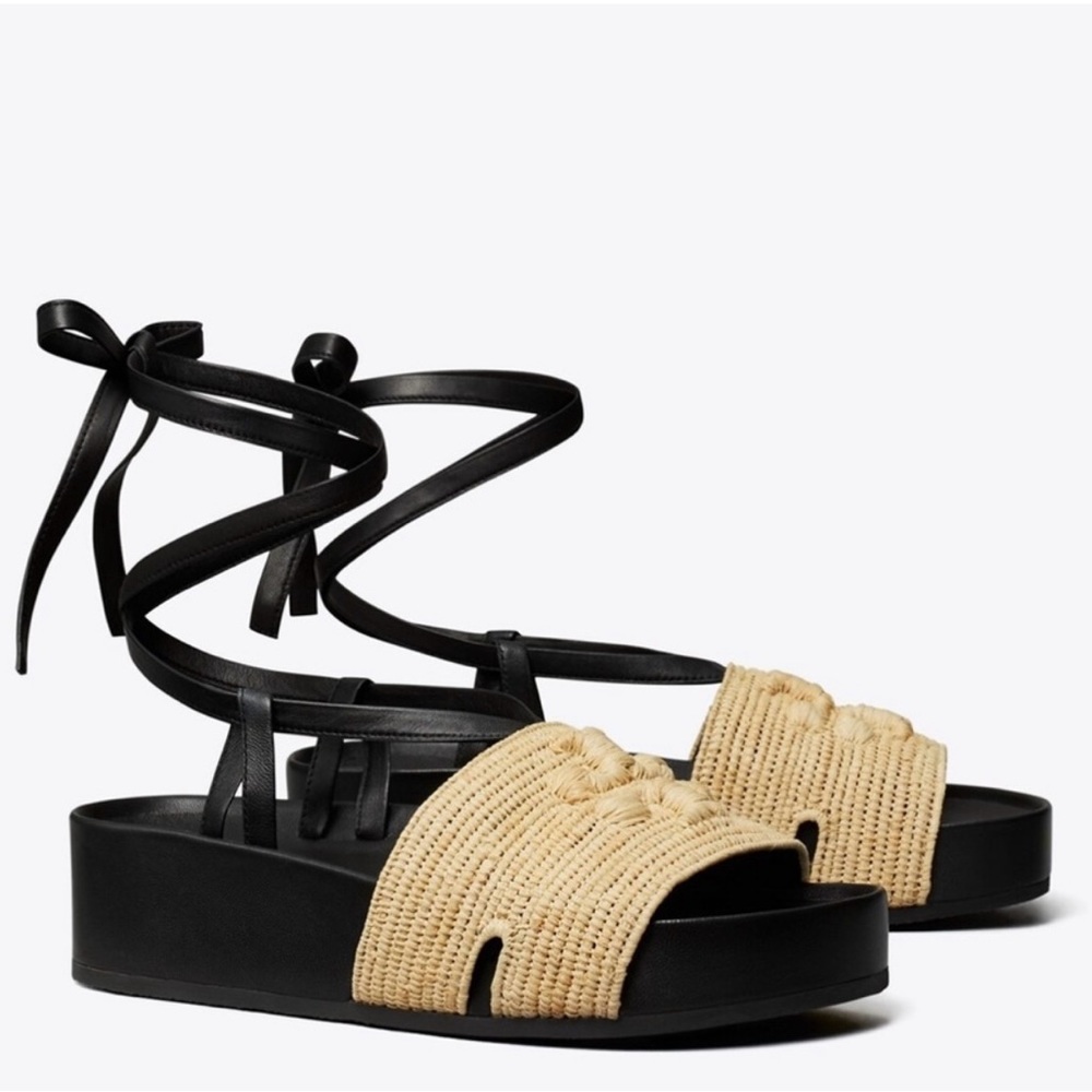 Tory Burch Eleanor Raffia Platform Lace
Up Sandal Never Worn